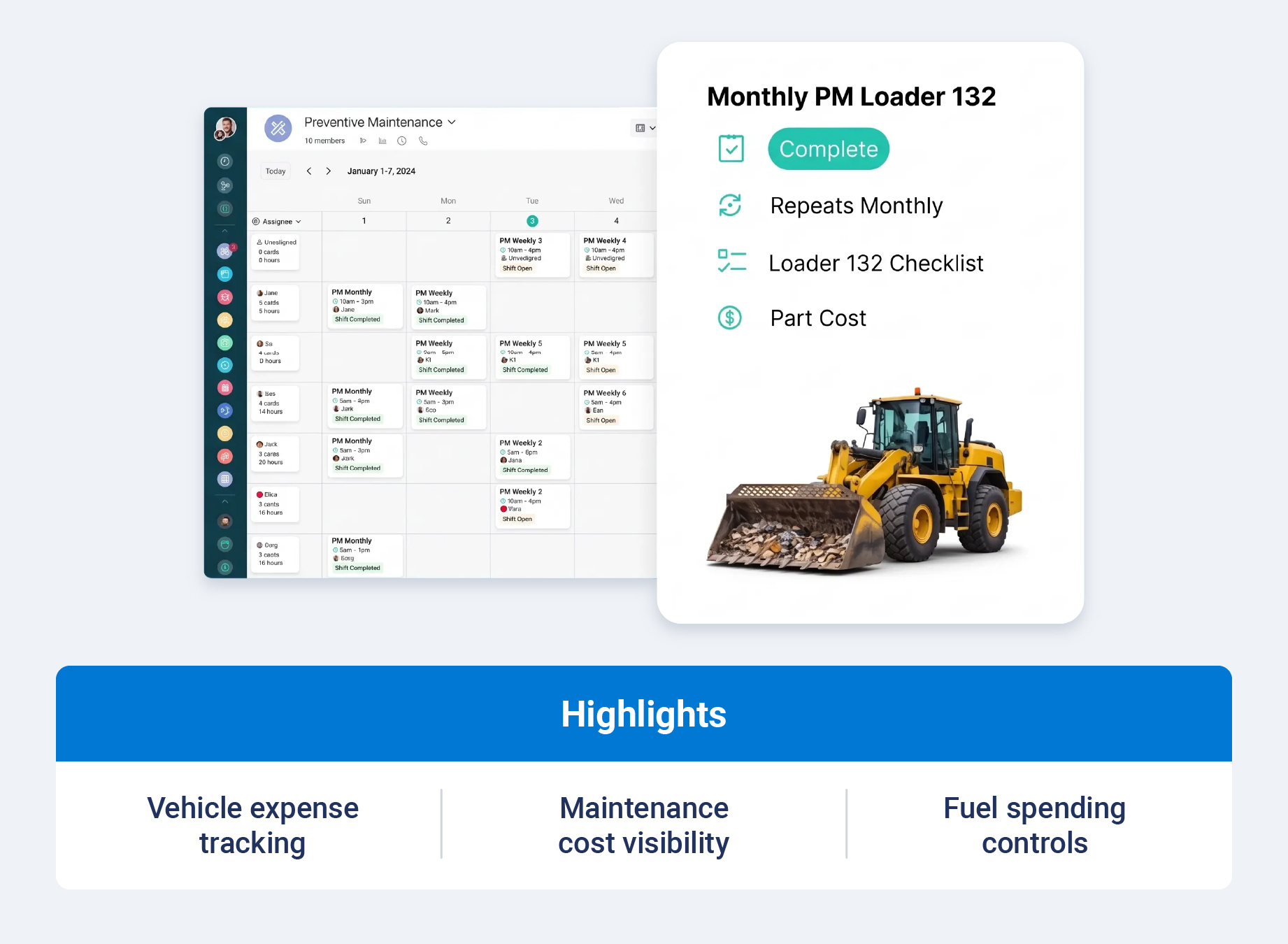 Coast fleet management dashboard showing vehicle maintenance expenses and fuel spending controls.